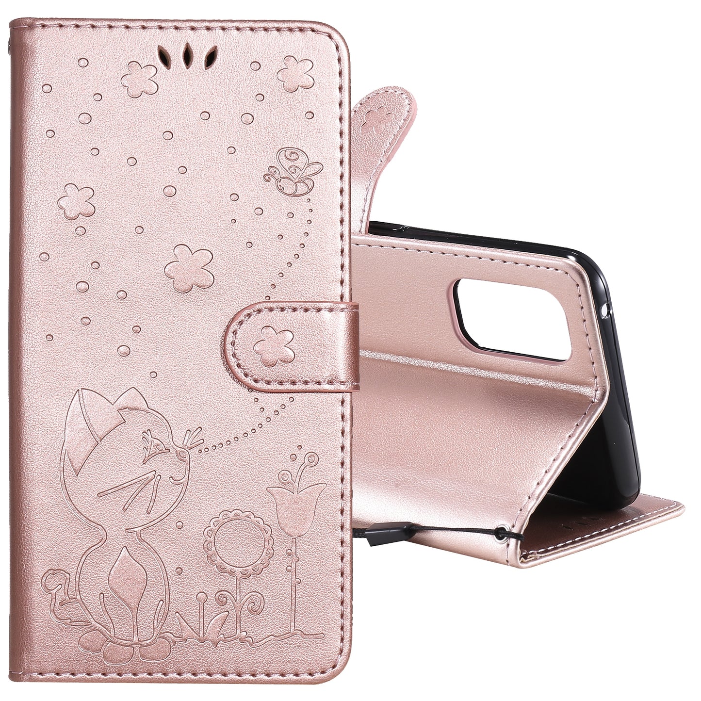 For OPPO Reno4 4G Cat and Bee Embossed Flip Leather Phone Case Wallet Cover with Card Slots Cash Pocket Magnetic Stand Protective Shockproof TPU PU Leather Case with Wrist Strap
