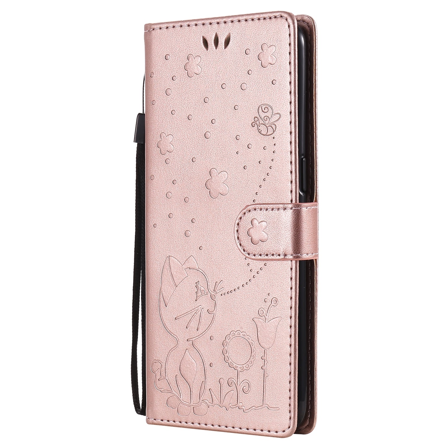 For OPPO Reno4 4G Cat and Bee Embossed Flip Leather Phone Case Wallet Cover with Card Slots Cash Pocket Magnetic Stand Protective Shockproof TPU PU Leather Case with Wrist Strap