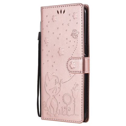 For OPPO Reno4 4G Cat and Bee Embossed Flip Leather Phone Case Wallet Cover with Card Slots Cash Pocket Magnetic Stand Protective Shockproof TPU PU Leather Case with Wrist Strap