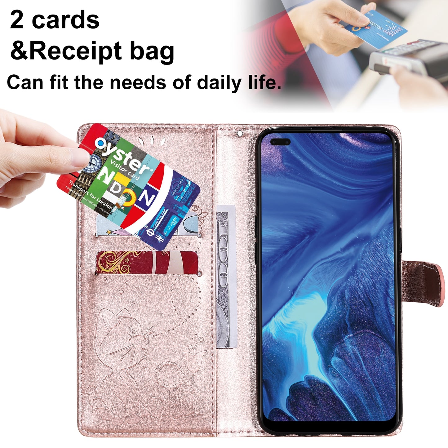 For OPPO Reno4 4G Cat and Bee Embossed Flip Leather Phone Case Wallet Cover with Card Slots Cash Pocket Magnetic Stand Protective Shockproof TPU PU Leather Case with Wrist Strap
