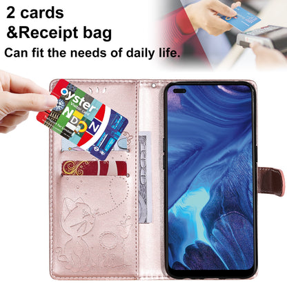 For OPPO Reno4 4G Cat and Bee Embossed Flip Leather Phone Case Wallet Cover with Card Slots Cash Pocket Magnetic Stand Protective Shockproof TPU PU Leather Case with Wrist Strap