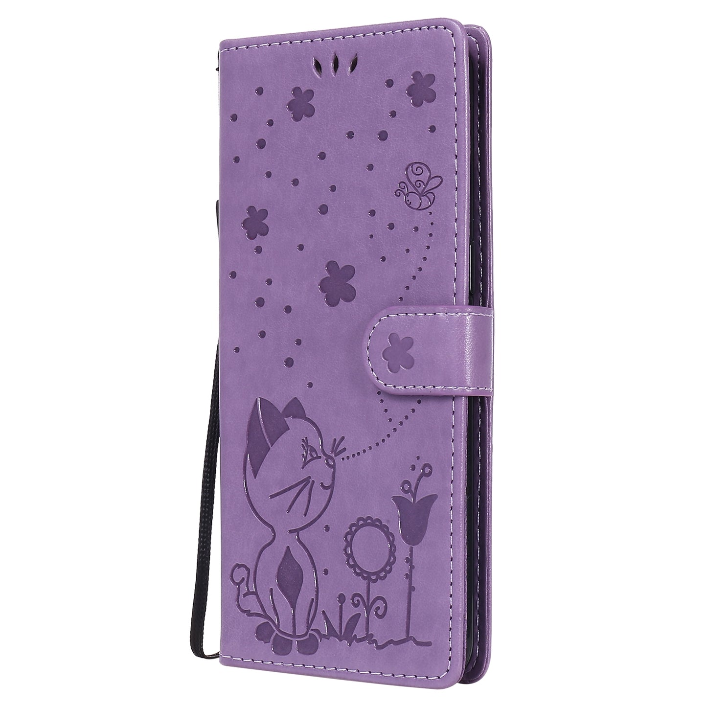 For OPPO Reno4 4G Cat and Bee Embossed Flip Leather Phone Case Wallet Cover with Card Slots Cash Pocket Magnetic Stand Protective Shockproof TPU PU Leather Case with Wrist Strap