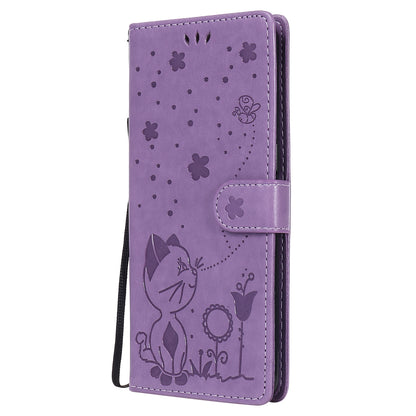 For OPPO Reno4 4G Cat and Bee Embossed Flip Leather Phone Case Wallet Cover with Card Slots Cash Pocket Magnetic Stand Protective Shockproof TPU PU Leather Case with Wrist Strap