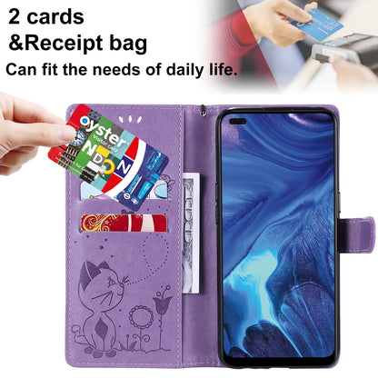 For OPPO Reno4 4G Cat and Bee Embossed Flip Leather Phone Case Wallet Cover with Card Slots Cash Pocket Magnetic Stand Protective Shockproof TPU PU Leather Case with Wrist Strap