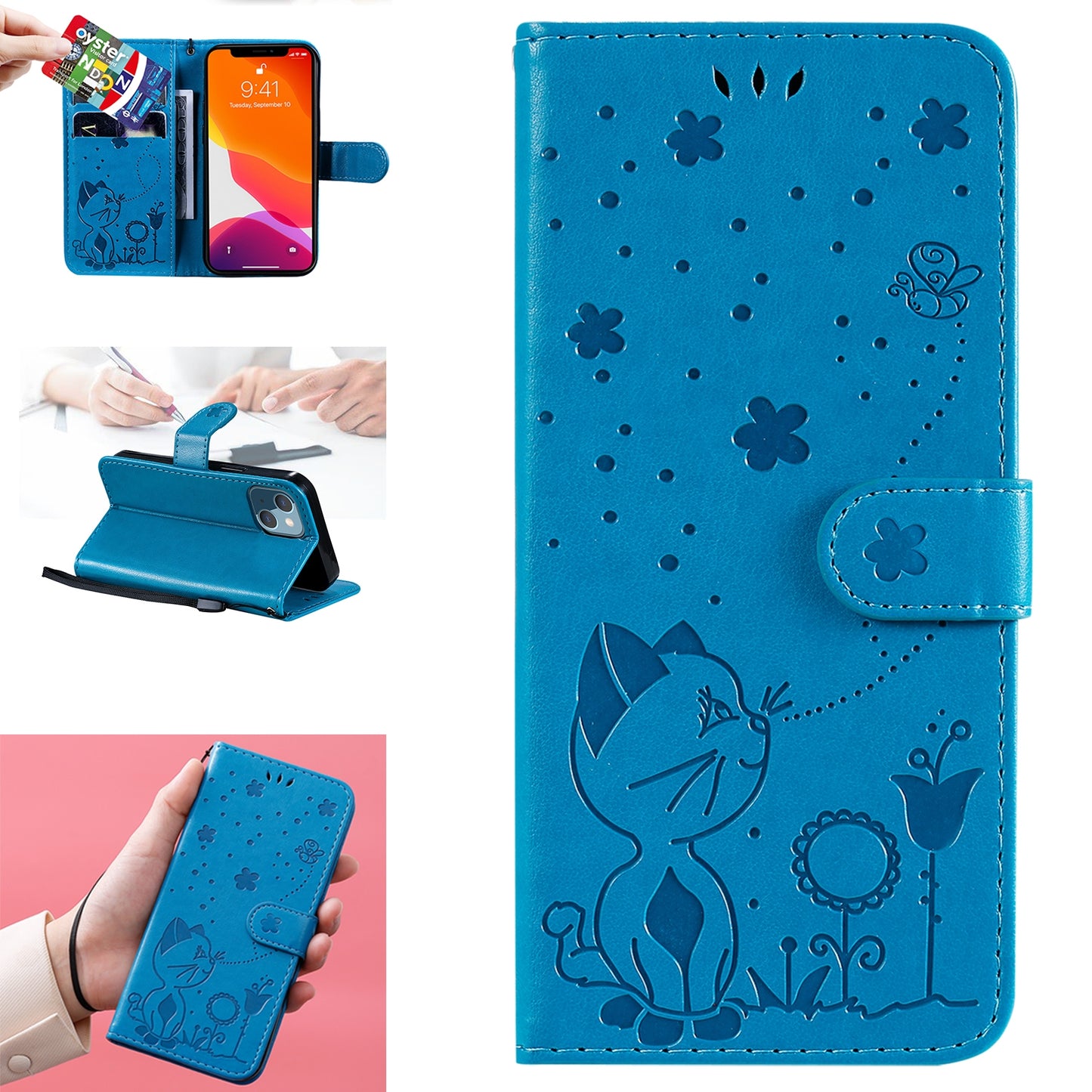 For Apple iPhone 13 mini Cat and Bee Embossed Flip Leather Phone Case Wallet Cover with Card Slots Cash Pocket Magnetic Stand Protective Shockproof TPU PU Leather Case with Wrist Strap