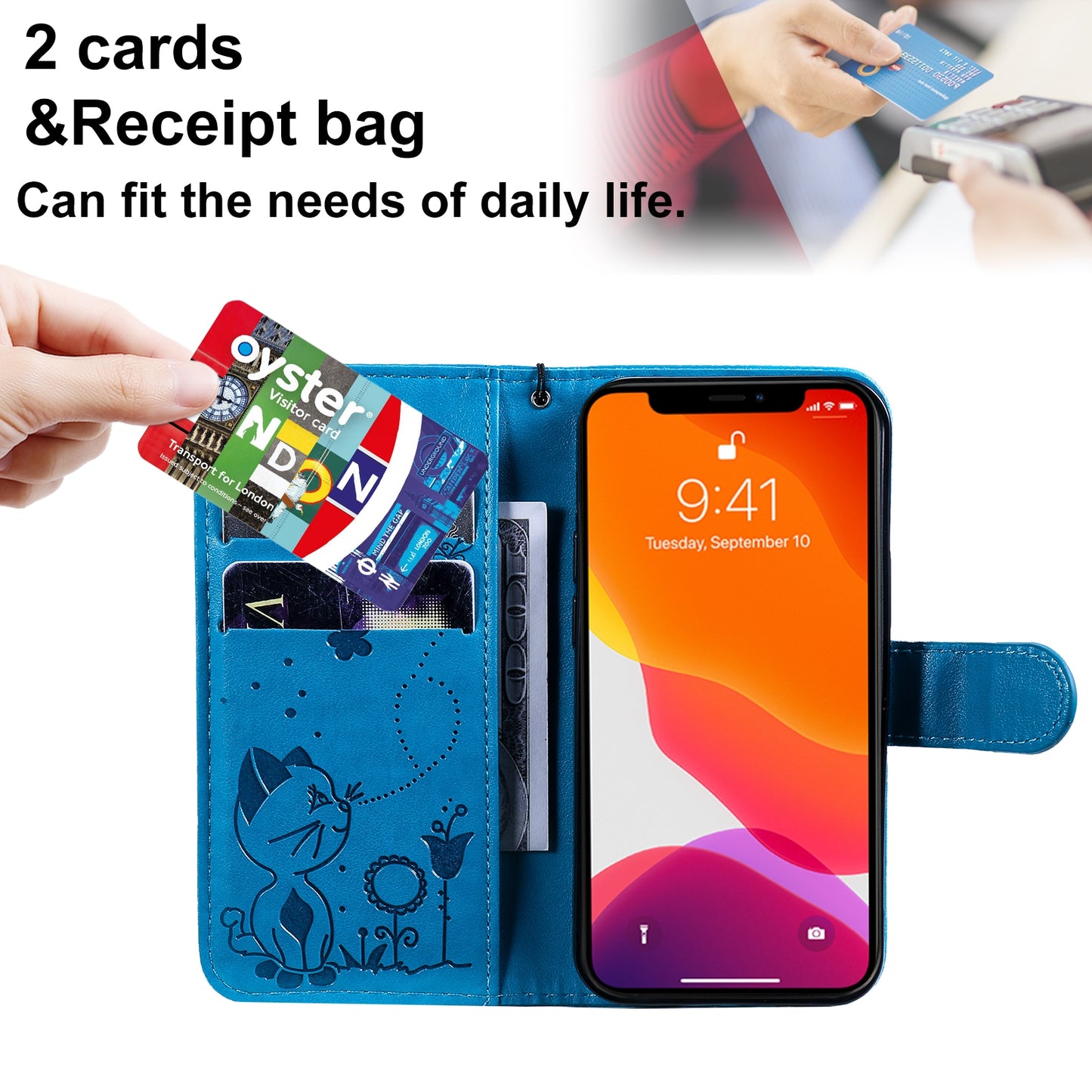 For Apple iPhone 13 mini Cat and Bee Embossed Flip Leather Phone Case Wallet Cover with Card Slots Cash Pocket Magnetic Stand Protective Shockproof TPU PU Leather Case with Wrist Strap