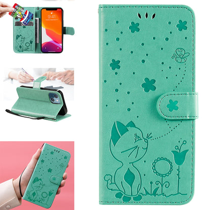 For Apple iPhone 13 mini Cat and Bee Embossed Flip Leather Phone Case Wallet Cover with Card Slots Cash Pocket Magnetic Stand Protective Shockproof TPU PU Leather Case with Wrist Strap