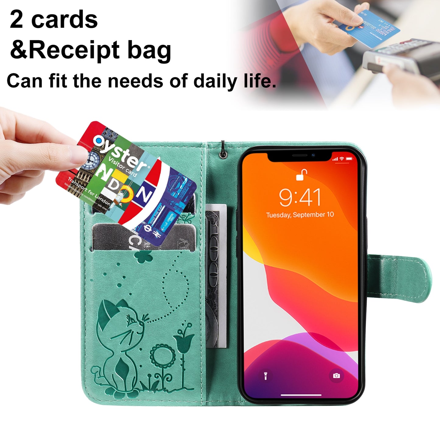 For Apple iPhone 13 mini Cat and Bee Embossed Flip Leather Phone Case Wallet Cover with Card Slots Cash Pocket Magnetic Stand Protective Shockproof TPU PU Leather Case with Wrist Strap