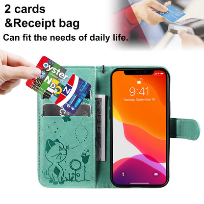 For Apple iPhone 13 mini Cat and Bee Embossed Flip Leather Phone Case Wallet Cover with Card Slots Cash Pocket Magnetic Stand Protective Shockproof TPU PU Leather Case with Wrist Strap