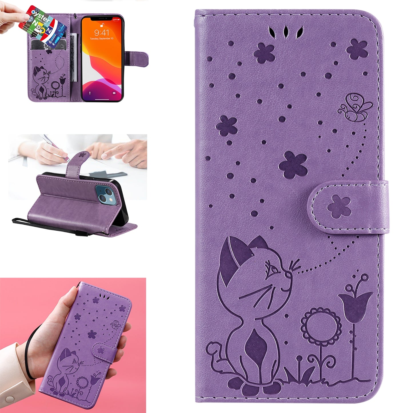 For Apple iPhone 13 mini Cat and Bee Embossed Flip Leather Phone Case Wallet Cover with Card Slots Cash Pocket Magnetic Stand Protective Shockproof TPU PU Leather Case with Wrist Strap