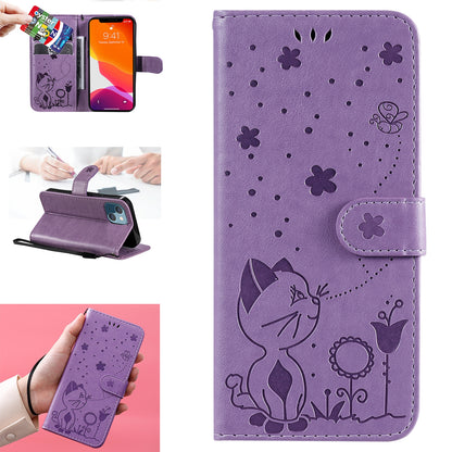 For Apple iPhone 13 mini Cat and Bee Embossed Flip Leather Phone Case Wallet Cover with Card Slots Cash Pocket Magnetic Stand Protective Shockproof TPU PU Leather Case with Wrist Strap