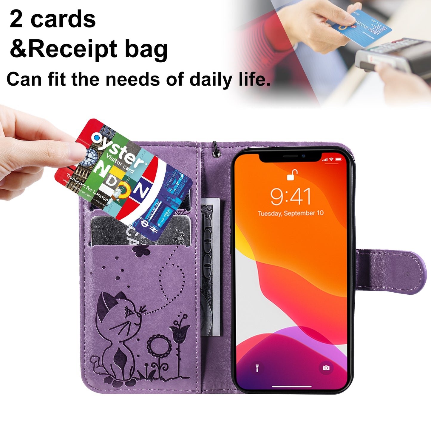 For Apple iPhone 13 mini Cat and Bee Embossed Flip Leather Phone Case Wallet Cover with Card Slots Cash Pocket Magnetic Stand Protective Shockproof TPU PU Leather Case with Wrist Strap