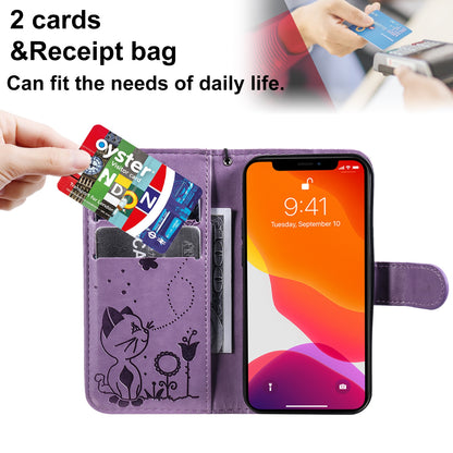 For Apple iPhone 13 mini Cat and Bee Embossed Flip Leather Phone Case Wallet Cover with Card Slots Cash Pocket Magnetic Stand Protective Shockproof TPU PU Leather Case with Wrist Strap
