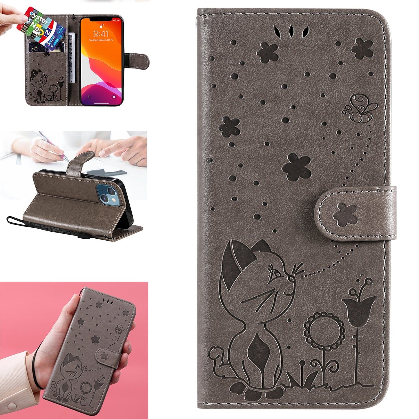 For Apple iPhone 13 mini Cat and Bee Embossed Flip Leather Phone Case Wallet Cover with Card Slots Cash Pocket Magnetic Stand Protective Shockproof TPU PU Leather Case with Wrist Strap