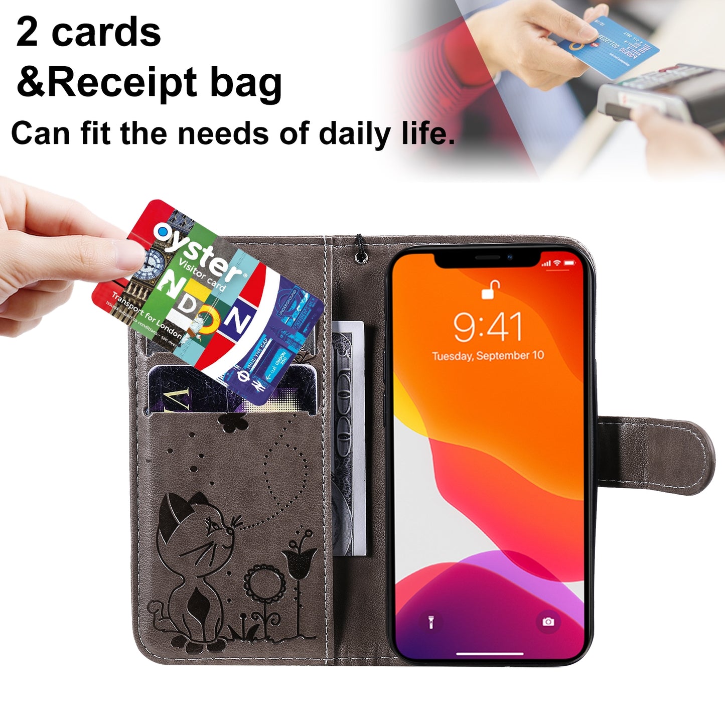 For Apple iPhone 13 mini Cat and Bee Embossed Flip Leather Phone Case Wallet Cover with Card Slots Cash Pocket Magnetic Stand Protective Shockproof TPU PU Leather Case with Wrist Strap