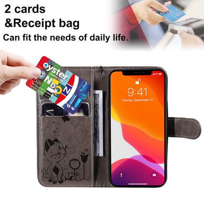 For Apple iPhone 13 mini Cat and Bee Embossed Flip Leather Phone Case Wallet Cover with Card Slots Cash Pocket Magnetic Stand Protective Shockproof TPU PU Leather Case with Wrist Strap