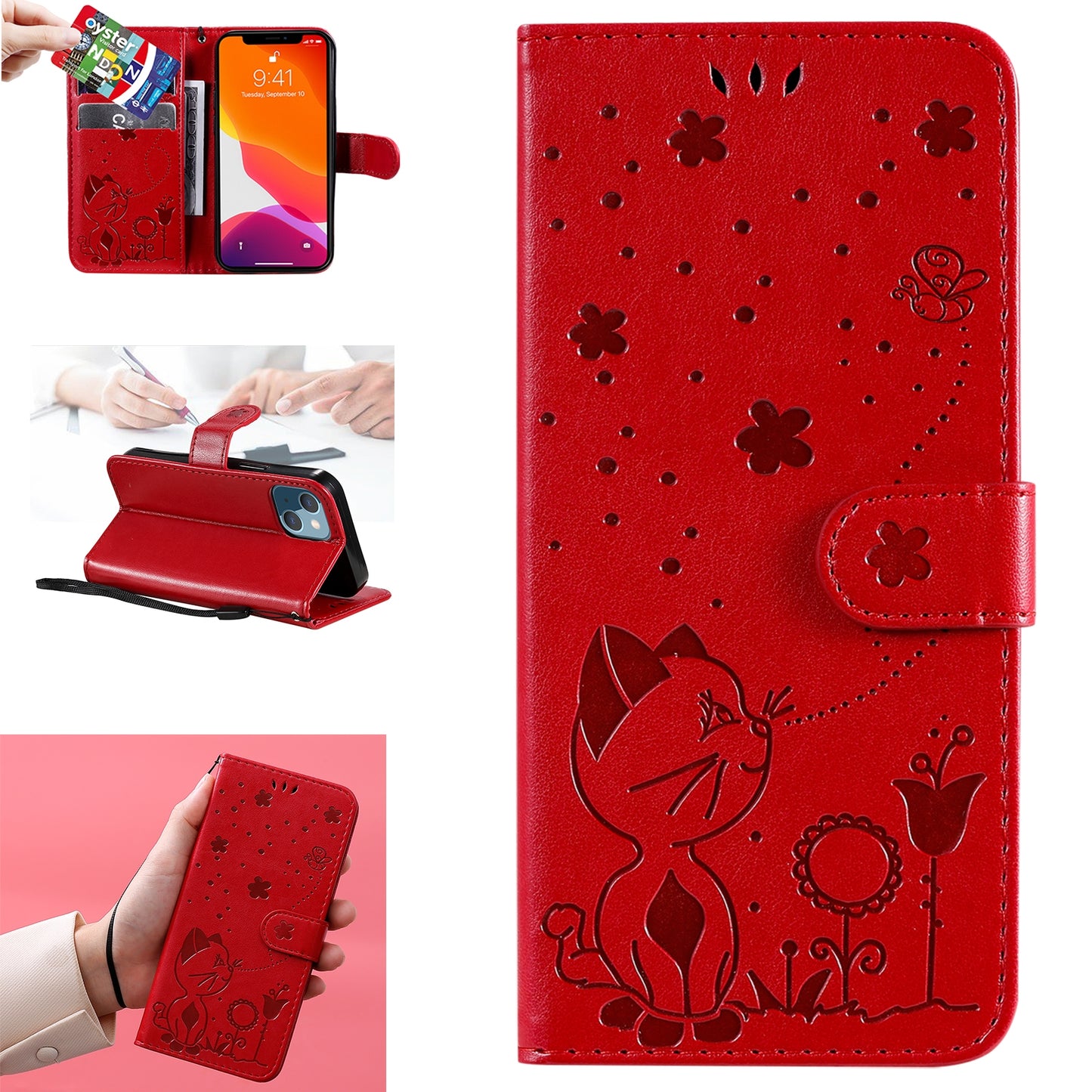 For Apple iPhone 13 mini Cat and Bee Embossed Flip Leather Phone Case Wallet Cover with Card Slots Cash Pocket Magnetic Stand Protective Shockproof TPU PU Leather Case with Wrist Strap