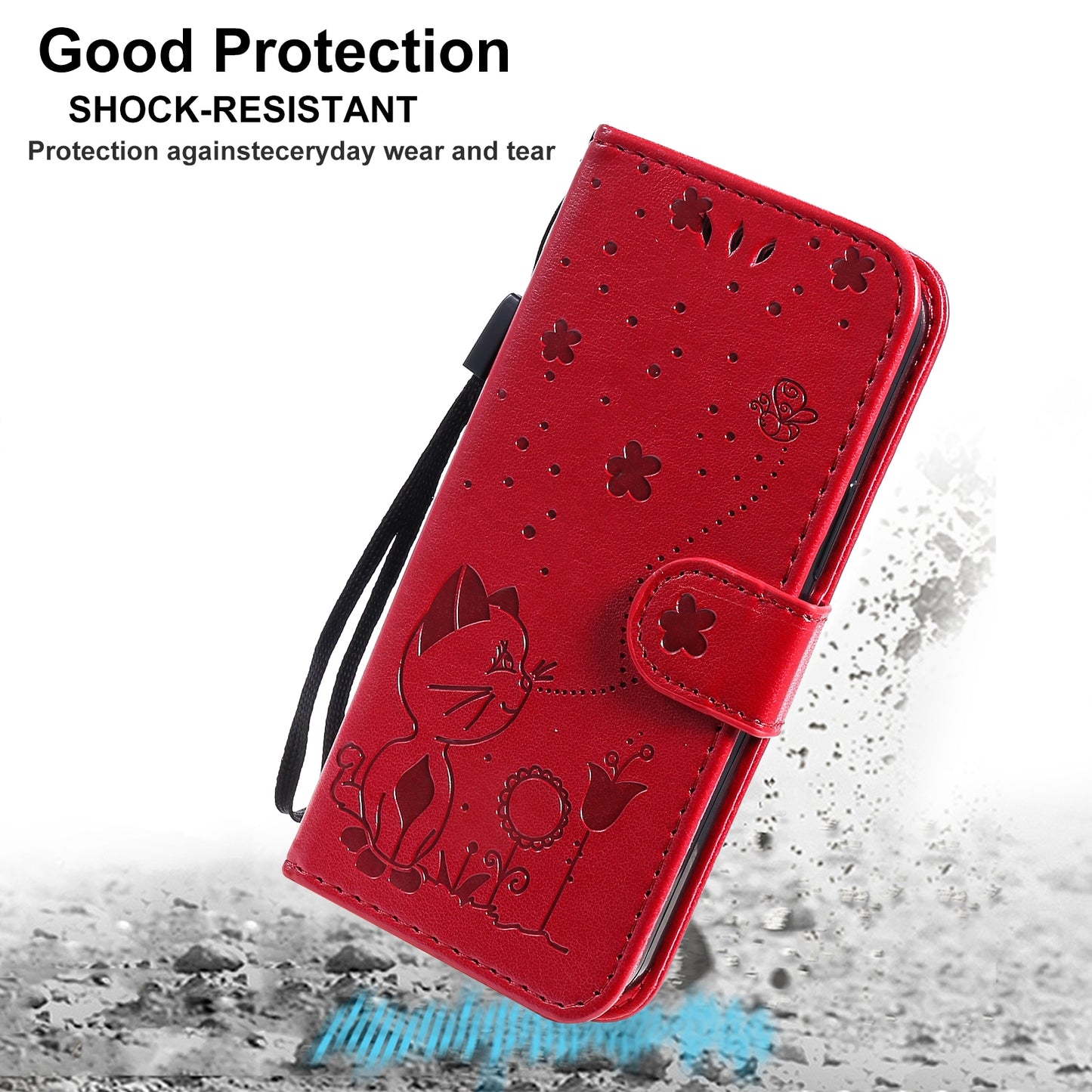 For Apple iPhone 13 mini Cat and Bee Embossed Flip Leather Phone Case Wallet Cover with Card Slots Cash Pocket Magnetic Stand Protective Shockproof TPU PU Leather Case with Wrist Strap