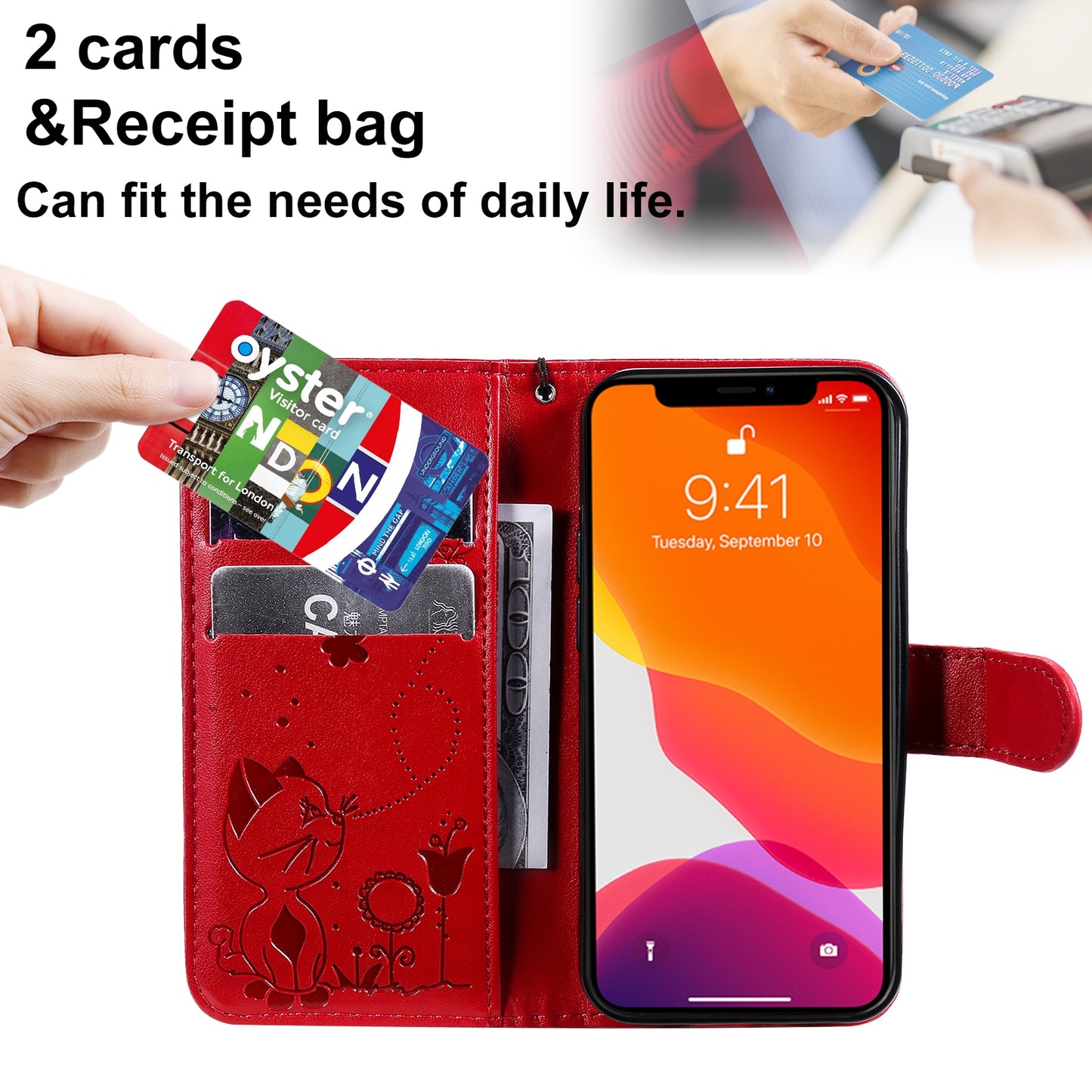For Apple iPhone 13 mini Cat and Bee Embossed Flip Leather Phone Case Wallet Cover with Card Slots Cash Pocket Magnetic Stand Protective Shockproof TPU PU Leather Case with Wrist Strap