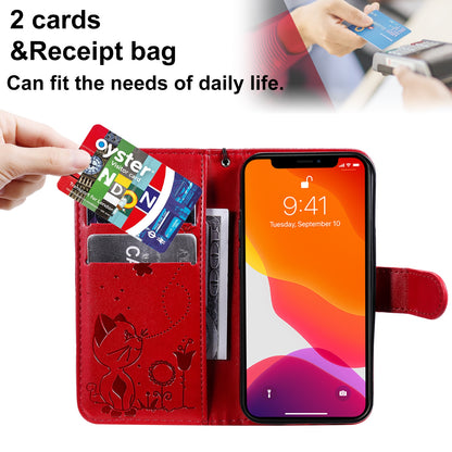 For Apple iPhone 13 mini Cat and Bee Embossed Flip Leather Phone Case Wallet Cover with Card Slots Cash Pocket Magnetic Stand Protective Shockproof TPU PU Leather Case with Wrist Strap