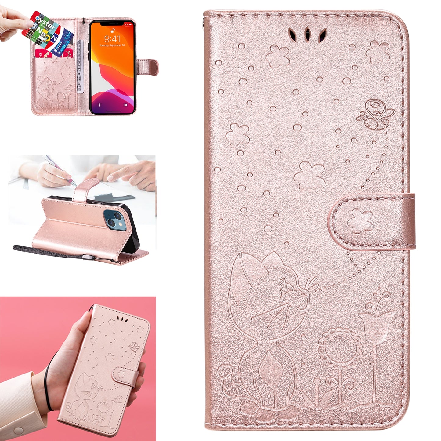 For Apple iPhone 13 mini Cat and Bee Embossed Flip Leather Phone Case Wallet Cover with Card Slots Cash Pocket Magnetic Stand Protective Shockproof TPU PU Leather Case with Wrist Strap