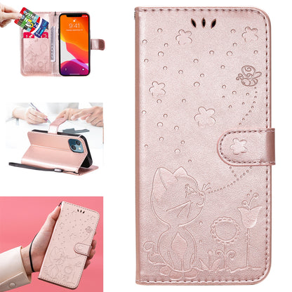 For Apple iPhone 13 mini Cat and Bee Embossed Flip Leather Phone Case Wallet Cover with Card Slots Cash Pocket Magnetic Stand Protective Shockproof TPU PU Leather Case with Wrist Strap