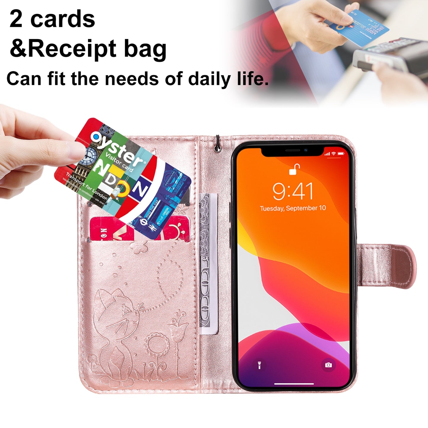 For Apple iPhone 13 mini Cat and Bee Embossed Flip Leather Phone Case Wallet Cover with Card Slots Cash Pocket Magnetic Stand Protective Shockproof TPU PU Leather Case with Wrist Strap
