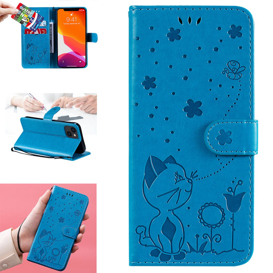 For Apple iPhone 13 Cat and Bee Embossed Flip Leather Phone Case Wallet Cover with Card Slots Cash Pocket Magnetic Stand Protective Shockproof TPU PU Leather Case with Wrist Strap