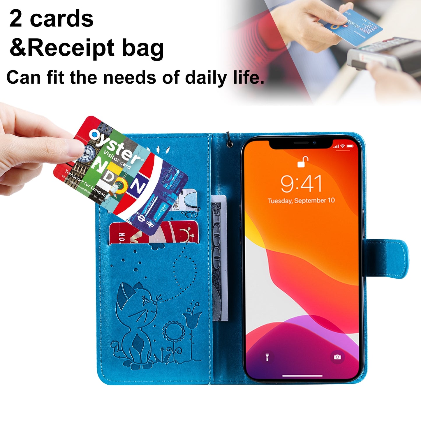 For Apple iPhone 13 Cat and Bee Embossed Flip Leather Phone Case Wallet Cover with Card Slots Cash Pocket Magnetic Stand Protective Shockproof TPU PU Leather Case with Wrist Strap