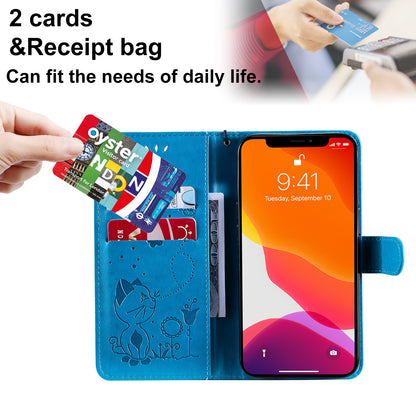 For Apple iPhone 13 Cat and Bee Embossed Flip Leather Phone Case Wallet Cover with Card Slots Cash Pocket Magnetic Stand Protective Shockproof TPU PU Leather Case with Wrist Strap