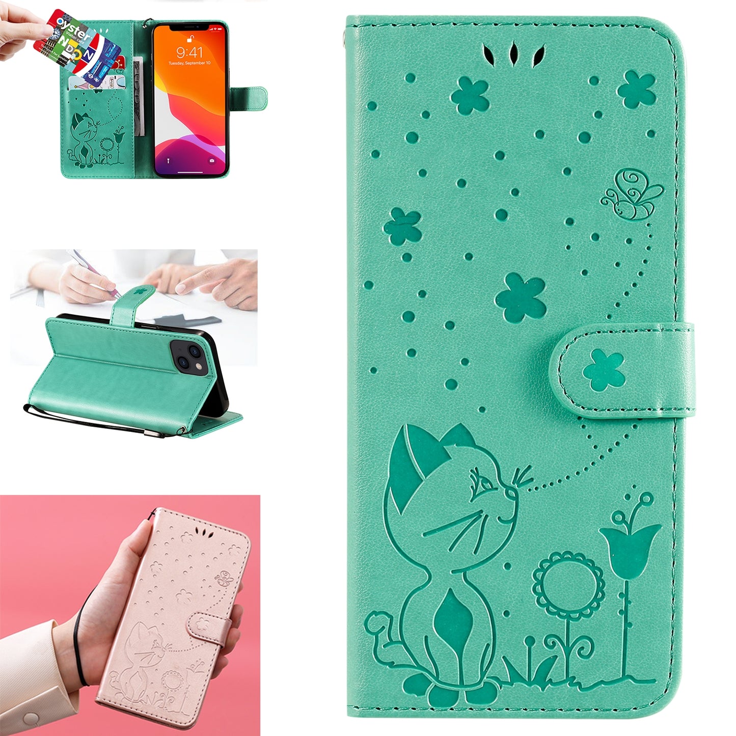 For Apple iPhone 13 Cat and Bee Embossed Flip Leather Phone Case Wallet Cover with Card Slots Cash Pocket Magnetic Stand Protective Shockproof TPU PU Leather Case with Wrist Strap