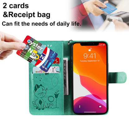 For Apple iPhone 13 Cat and Bee Embossed Flip Leather Phone Case Wallet Cover with Card Slots Cash Pocket Magnetic Stand Protective Shockproof TPU PU Leather Case with Wrist Strap