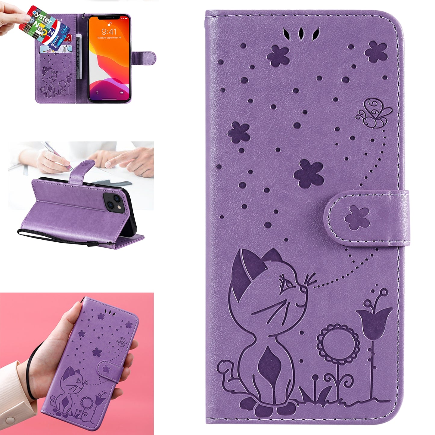 For Apple iPhone 13 Cat and Bee Embossed Flip Leather Phone Case Wallet Cover with Card Slots Cash Pocket Magnetic Stand Protective Shockproof TPU PU Leather Case with Wrist Strap