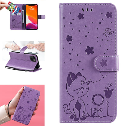For Apple iPhone 13 Cat and Bee Embossed Flip Leather Phone Case Wallet Cover with Card Slots Cash Pocket Magnetic Stand Protective Shockproof TPU PU Leather Case with Wrist Strap