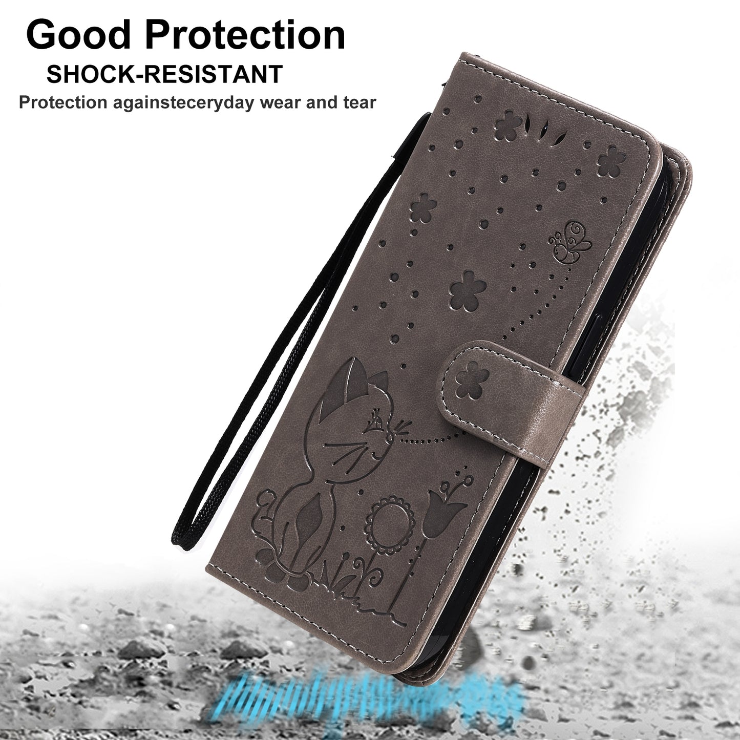 For Apple iPhone 13 Cat and Bee Embossed Flip Leather Phone Case Wallet Cover with Card Slots Cash Pocket Magnetic Stand Protective Shockproof TPU PU Leather Case with Wrist Strap