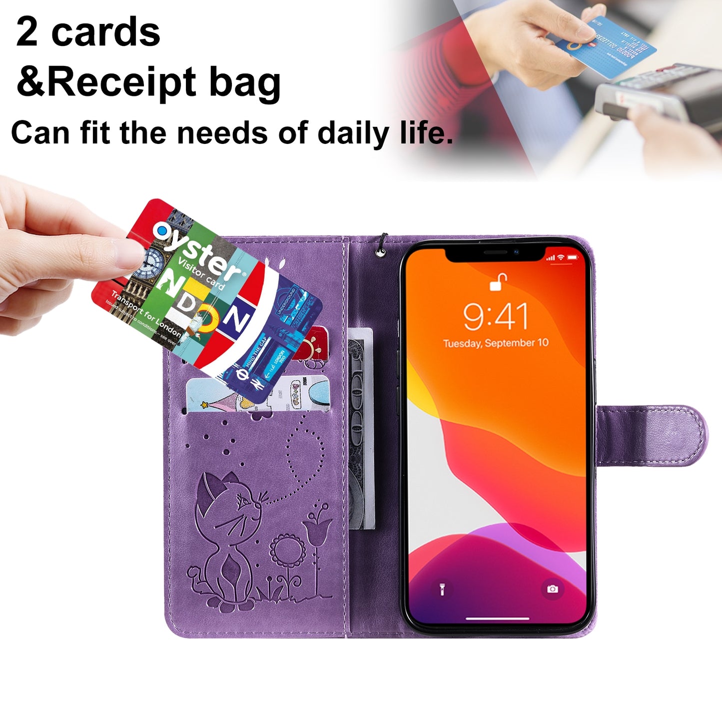 For Apple iPhone 13 Cat and Bee Embossed Flip Leather Phone Case Wallet Cover with Card Slots Cash Pocket Magnetic Stand Protective Shockproof TPU PU Leather Case with Wrist Strap