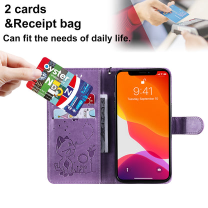 For Apple iPhone 13 Cat and Bee Embossed Flip Leather Phone Case Wallet Cover with Card Slots Cash Pocket Magnetic Stand Protective Shockproof TPU PU Leather Case with Wrist Strap
