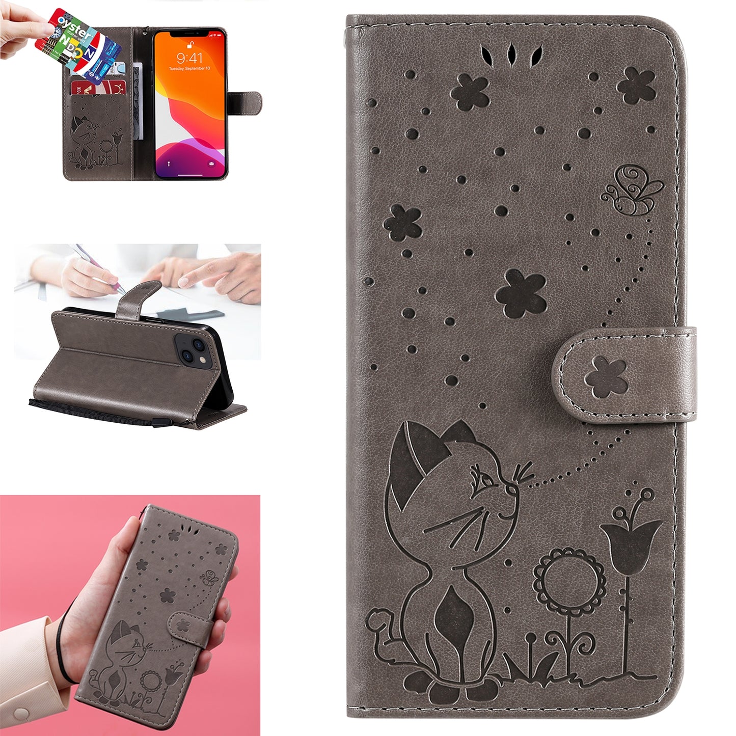 For Apple iPhone 13 Cat and Bee Embossed Flip Leather Phone Case Wallet Cover with Card Slots Cash Pocket Magnetic Stand Protective Shockproof TPU PU Leather Case with Wrist Strap