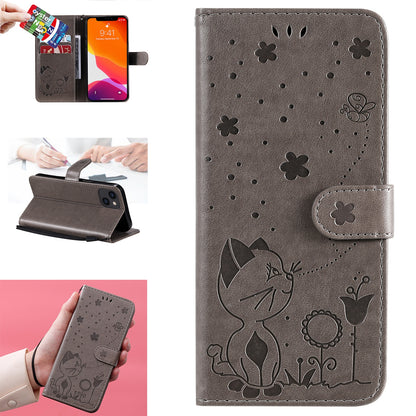 For Apple iPhone 13 Cat and Bee Embossed Flip Leather Phone Case Wallet Cover with Card Slots Cash Pocket Magnetic Stand Protective Shockproof TPU PU Leather Case with Wrist Strap