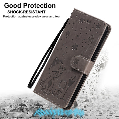 For Apple iPhone 13 Cat and Bee Embossed Flip Leather Phone Case Wallet Cover with Card Slots Cash Pocket Magnetic Stand Protective Shockproof TPU PU Leather Case with Wrist Strap