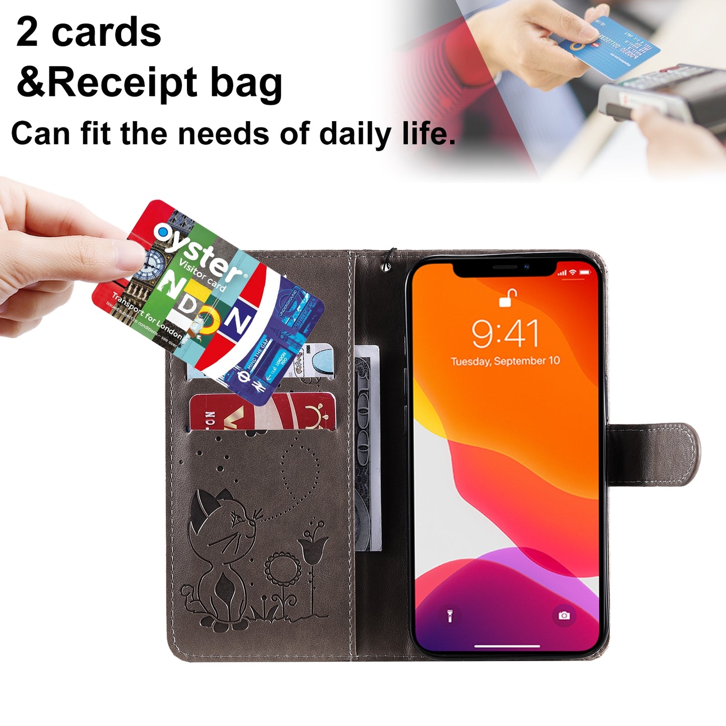 For Apple iPhone 13 Cat and Bee Embossed Flip Leather Phone Case Wallet Cover with Card Slots Cash Pocket Magnetic Stand Protective Shockproof TPU PU Leather Case with Wrist Strap