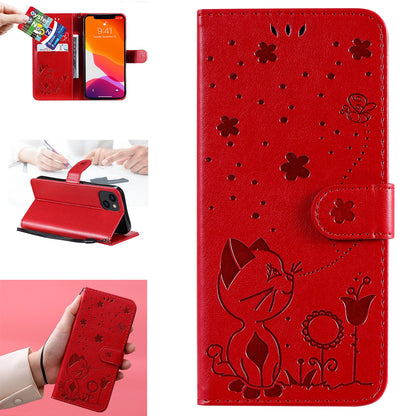For Apple iPhone 13 Cat and Bee Embossed Flip Leather Phone Case Wallet Cover with Card Slots Cash Pocket Magnetic Stand Protective Shockproof TPU PU Leather Case with Wrist Strap