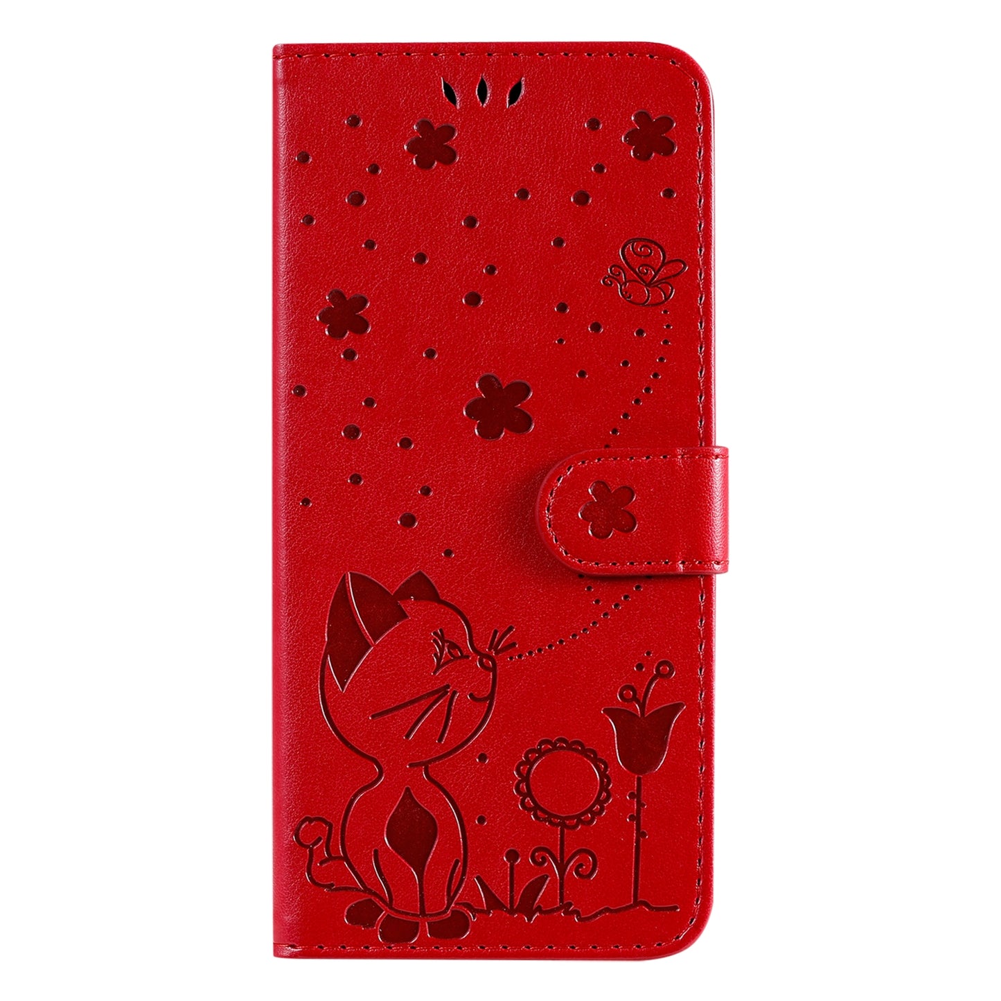 For Apple iPhone 13 Cat and Bee Embossed Flip Leather Phone Case Wallet Cover with Card Slots Cash Pocket Magnetic Stand Protective Shockproof TPU PU Leather Case with Wrist Strap