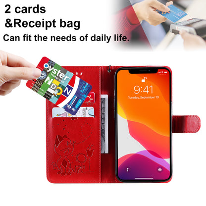 For Apple iPhone 13 Cat and Bee Embossed Flip Leather Phone Case Wallet Cover with Card Slots Cash Pocket Magnetic Stand Protective Shockproof TPU PU Leather Case with Wrist Strap