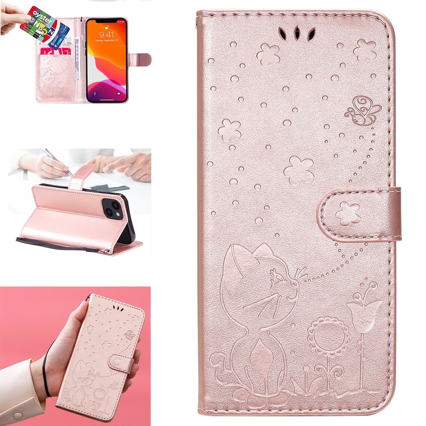 For Apple iPhone 13 Cat and Bee Embossed Flip Leather Phone Case Wallet Cover with Card Slots Cash Pocket Magnetic Stand Protective Shockproof TPU PU Leather Case with Wrist Strap