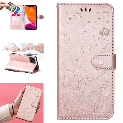 For Apple iPhone 13 Cat and Bee Embossed Flip Leather Phone Case Wallet Cover with Card Slots Cash Pocket Magnetic Stand Protective Shockproof TPU PU Leather Case with Wrist Strap