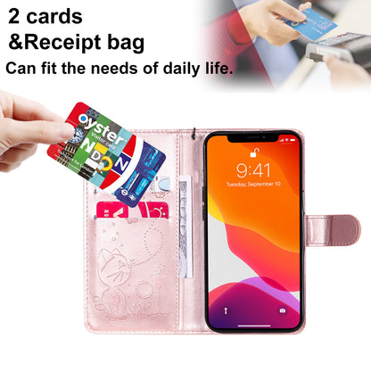 For Apple iPhone 13 Cat and Bee Embossed Flip Leather Phone Case Wallet Cover with Card Slots Cash Pocket Magnetic Stand Protective Shockproof TPU PU Leather Case with Wrist Strap