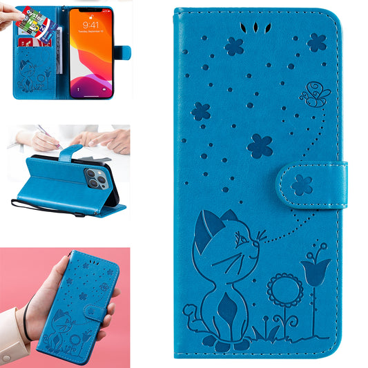 For Apple iPhone 13 Pro Cat and Bee Embossed Flip Leather Phone Case Wallet Cover with Card Slots Cash Pocket Magnetic Stand Protective Shockproof TPU PU Leather Case with Wrist Strap