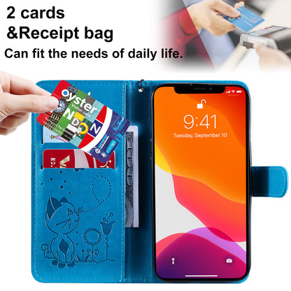 For Apple iPhone 13 Pro Cat and Bee Embossed Flip Leather Phone Case Wallet Cover with Card Slots Cash Pocket Magnetic Stand Protective Shockproof TPU PU Leather Case with Wrist Strap