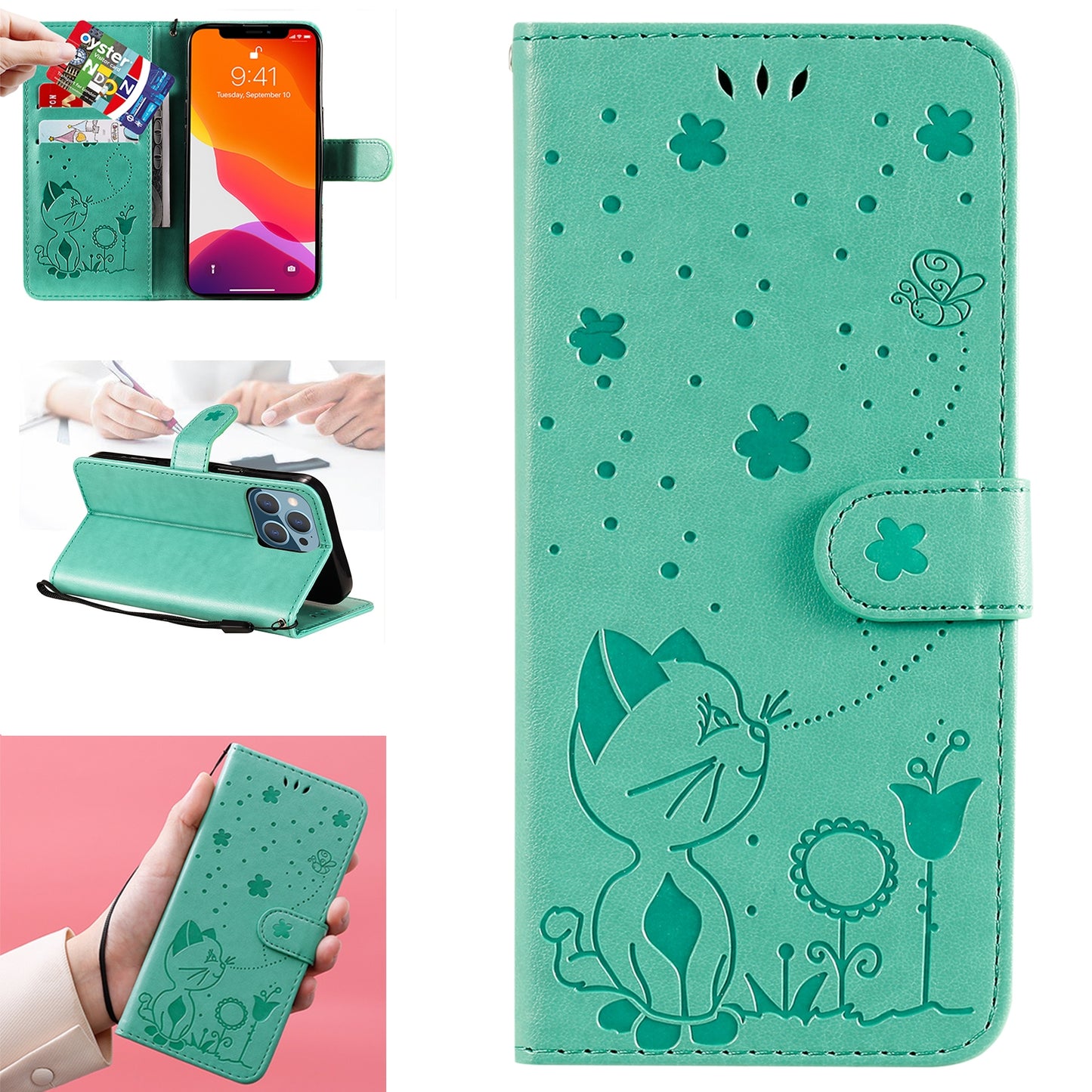 For Apple iPhone 13 Pro Cat and Bee Embossed Flip Leather Phone Case Wallet Cover with Card Slots Cash Pocket Magnetic Stand Protective Shockproof TPU PU Leather Case with Wrist Strap